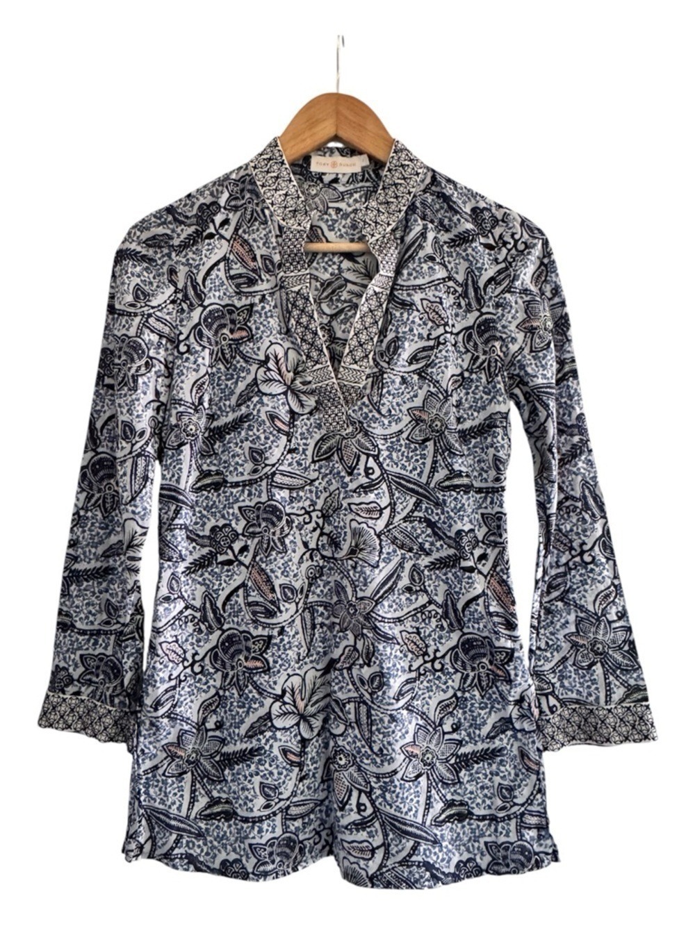 tory burch blue white floral tunic boho cotton blouse